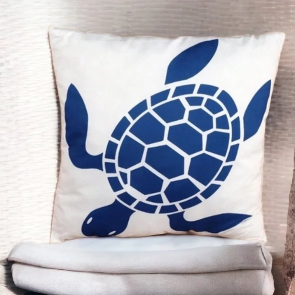 Coastal Pillow Cover Sea Turtle Nautical Graphic Beach 17.75” Square Blue White